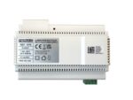 Alimentation DIN rail blanche pour visiophone, boîtier plastique, bornier à vis et étiquette technique