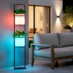 Lampadaire extérieur métal noir sur pied avec pots de fleurs et éclairage LED RGB