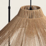 Lampadaire sur pied avec abat-jour conique en corde beige tressée et tige métallique noire