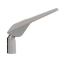 Lampadaire extérieur gris aluminium avec bras incliné et boîtier plat pour fixation sur poteau