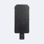 Luminaire LED noir rectangulaire pour lampadaire extérieur, boîtier ondulé, montage sur mât par embase cylindrique