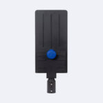 Lampadaire LED rectangulaire noir mat, fixation pour poteau, boîtier circulaire bleu central