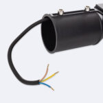 Lampadaire LED support cylindrique noir avec câble électrique et conducteurs dénudés bleu, marron et vert-jaune