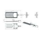 Luminaire LED pour lampadaire, dessin technique montrant tête rectangulaire, fixation sur bras et côtes