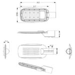 Lampadaire LED à tête allongée, fixation latérale pour mât, schéma technique avec cotes