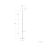 Lampadaire sur pied mince avec abat-jour conique, schéma technique indiquant hauteurs et dimensions