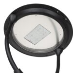 Lampadaire LED tête ronde noire, module LED apparent sous diffuseur en verre, fixation sur bras courbé