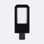 Lampadaire LED noir rectangulaire avec module LED apparent et embase cylindrique pour montage sur mât