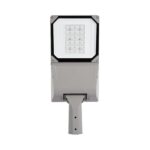 Lampadaire LED rectangulaire gris métallisé avec optique LED apparente, fixation sur poteau