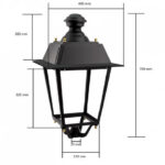 Lampadaire extérieur noir en métal, lanterne carrée à panneaux vitrés pour montage sur mât