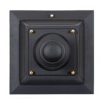 Luminaire extérieur carré en métal noir, optique circulaire centrale et vis décoratives dorées