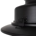 Tête de luminaire extérieur noire en métal mat, abat-jour conique et fixations visibles