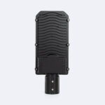 Luminaire LED noir de rue, boîtier rectangulaire à ailettes et embase cylindrique pour mât