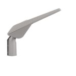 Lampadaire LED gris argenté profilé, fixation sur mât cylindrique, diffuseur plat et bras allongé