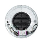 Luminaire LED rond, dissipateur thermique noir central et boîtier driver visible avec câblage