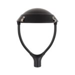 Tête de lampadaire extérieure noire en métal, dôme et supports arqués, montage sur mât
