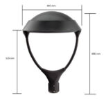 Tête de lampadaire extérieur noire, dôme supérieur avec supports tripodes et embase pour fixation sur mât