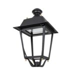 Lampadaire extérieur tête lanterne noire en métal, vitrée, montage sur poteau