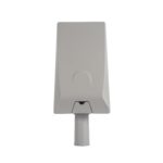 Luminaire LED gris rectangulaire, montage sur mât, boîtier métallique, optique encastrée