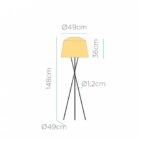 Lampadaire sur pied trépied métal noir avec abat-jour jaune, hauteur 148 cm