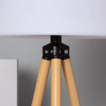 Lampadaire sur trépied bois à abat-jour blanc, connecteur noir métallique