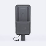 Lampadaire solaire LED anthracite rectangulaire avec boîtier arrière, support de fixation pour mât et câble visible