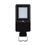 Lampadaire LED extérieur noir, module LED rectangulaire, capteur de présence et support de fixation