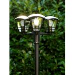 Lampadaire sur pied trois têtes métal noir avec abat-jours en verre pour éclairage extérieur