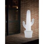 Lampe décorative en forme de cactus blanche, plastique translucide posée sur pot avec éclairage intégré