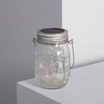 Lampe solaire bocal en verre transparent, couvercle à panneau solaire et anse métallique