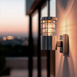 Applique murale extérieure acier inoxydable brossé cylindrique avec grille métallique et globe en verre