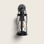 Applique murale extérieure noire en métal, cage cylindrique ajourée avec ampoule visible
