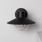 Applique murale extérieure noire en aluminium avec abat-jour conique et globe en verre transparent