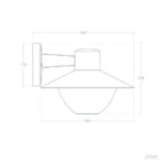 Applique murale extérieure en aluminium à abat-jour conique et diffuseur sphérique, avec bras et platine murale schéma technique