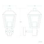 Applique murale lanterne, montage mural avec détecteur de mouvement apparent, forme trapézoïdale, dessin technique