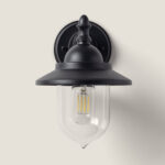 Applique murale extérieure métal noir mat avec globe en verre transparent et ampoule LED visible