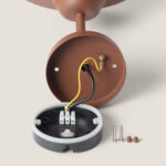 Applique murale métal cuivré, platine de fixation ronde avec câbles et borne de raccordement