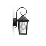 Applique murale extérieure noire en métal avec verre transparent, bras en volute et ampoule visible