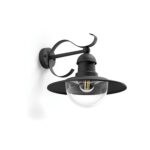 Applique murale noire en métal avec globe en verre transparent et abat-jour plat, bras mural décoratif courbé