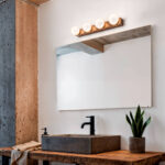 Applique murale 4 spots, globes blancs, base horizontale, montage au‑dessus du miroir