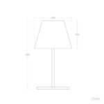 Lampe à poser extérieure avec abat-jour conique, pied cylindrique mince et base plate, schéma technique