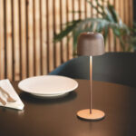 Lampe à poser rouille en aluminium, abat-jour arrondi, pied fin et base ronde