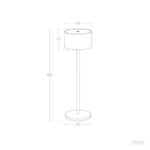 Lampe à poser ronde, abat-jour cylindrique et base circulaire sur tige fine, dessin technique avec cotes