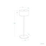 Lampe à poser avec abat-jour cylindrique, tige fine et base ovale, dessin technique avec cotes
