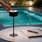 Lampe à poser noire sur pied fin, abat-jour cylindrique et socle carré, commande tactile