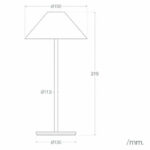 Lampe à poser abat-jour conique, tige cylindrique et base plate ronde, dessin technique avec cotes