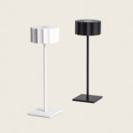 Lampe à poser LED blanche et noire, abat-jour cylindrique, pied fin et base carrée