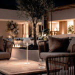 Lampe à poser blanche dôme sur pied, lumière LED diffuse, pour terrasse extérieure