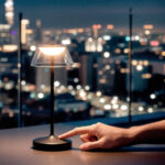 Lampe à poser, base noire et pied fin, abat-jour transparent, commande tactile, éclairage chaud