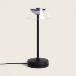Lampe à poser noire avec pied fin et abat-jour transparent en plastique